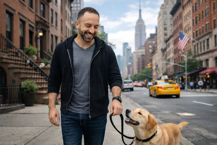 A smiling man with a beard walks a yellow Labrador Retriever on a leash down a busy New York City street. Classic brownstone buildings line the sidewalk, and the Empire State Building is visible in the background under a bright sky.