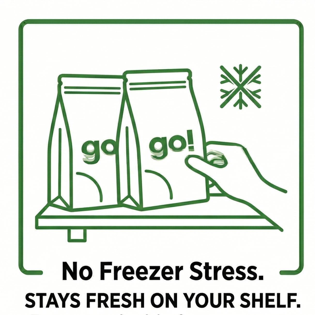 Illustration of two 'go! go!' food packages with a hand holding one, and text about staying fresh on the shelf.