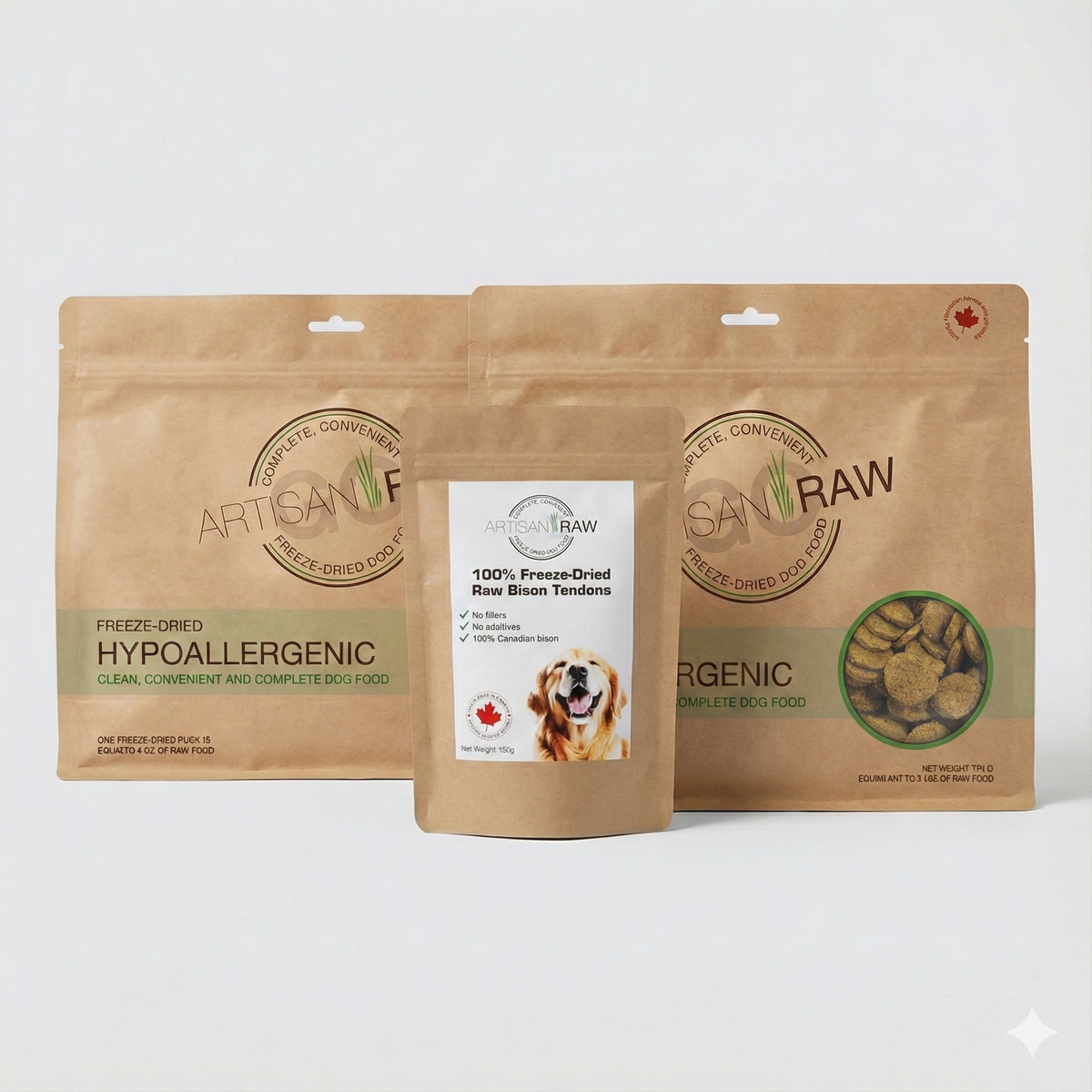 Artisan Raw GO! Sampler Box featuring freeze-dried meal packages in brown bags with pet food details and a dog image.