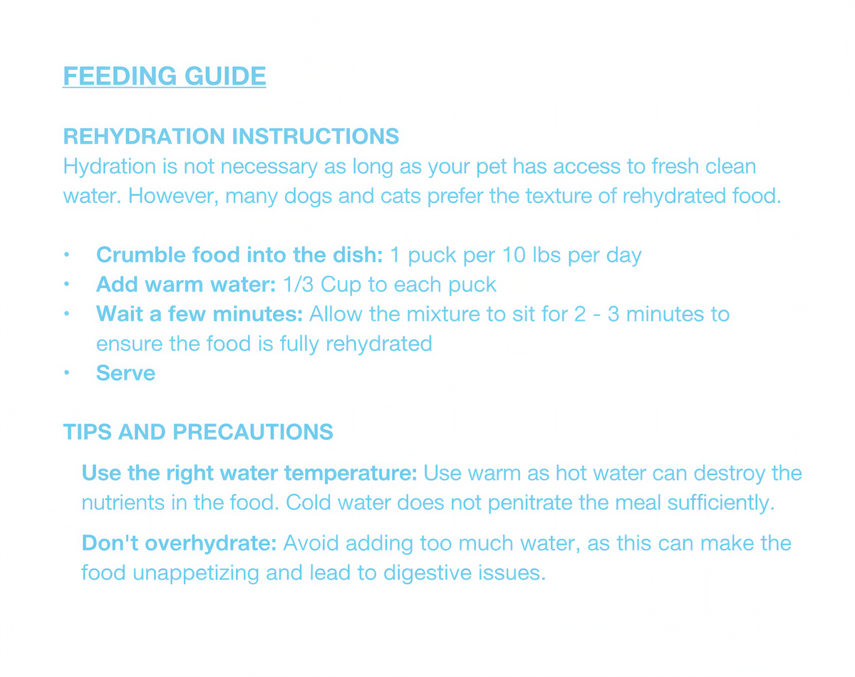 Artisan Raw feeding guide chart detailing rehydration instructions and daily portion sizes for dogs based on weight.
