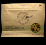 Hypoallergenic meal 5 lbs raw eq. in a brown, resealable bag with green text and a circular window showing kibble.
