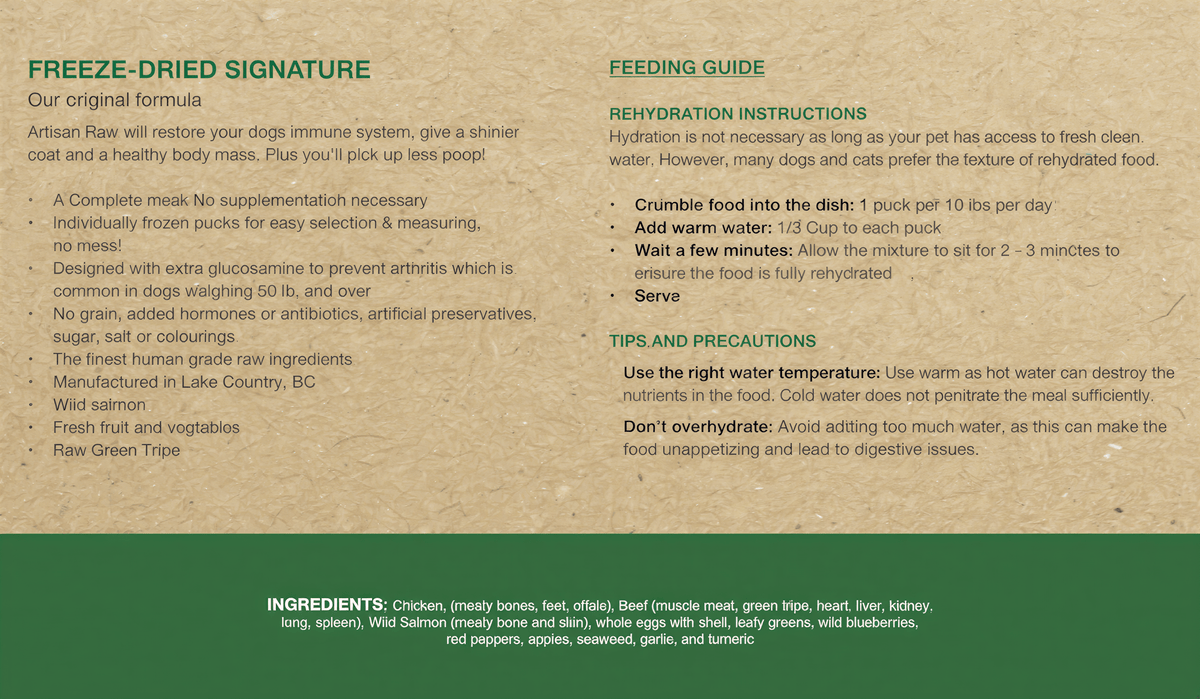 Back view of Artisan Raw freeze-dried meal bag, featuring ingredient list and daily feeding guidelines for dogs.
